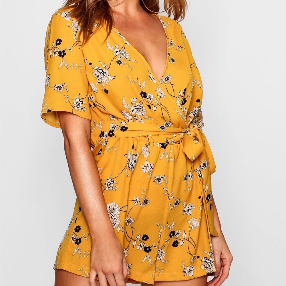 Mustard Yellow Floral Wrap Front Tie Belt Romper